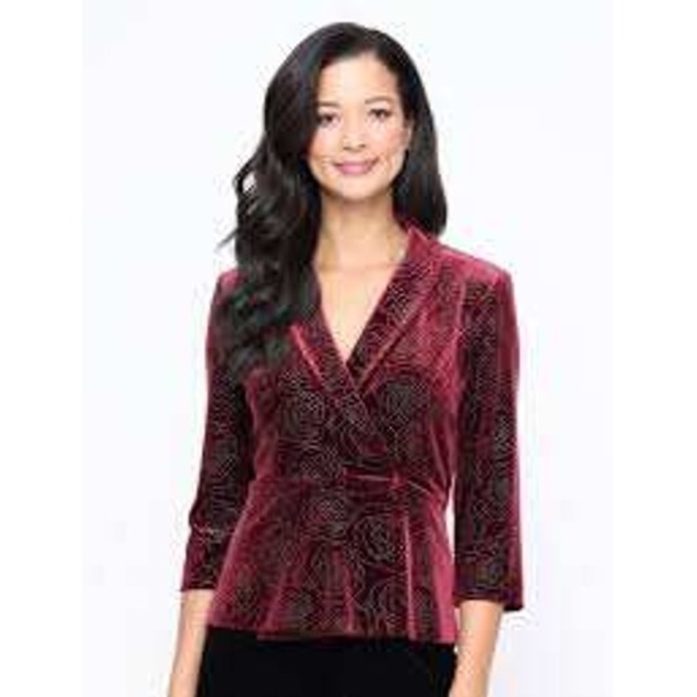 Alex Evenings Velvet Glitter Peplum Top Women M Burgundy Rose Wrap Blouse
